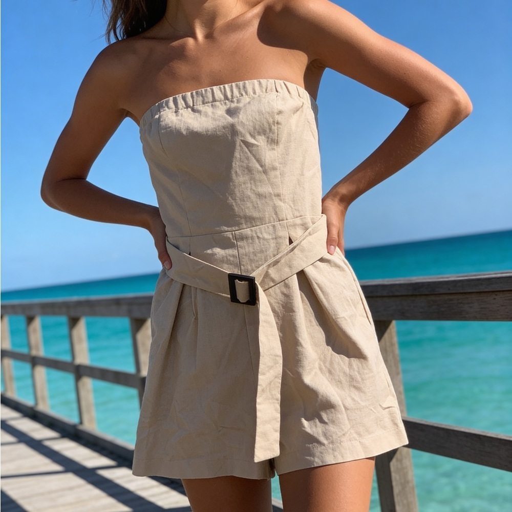Monteau Tan Strapless Belted Romper